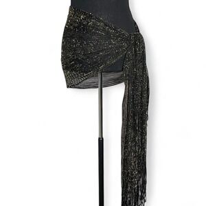 black and gold fringed scarf/wrap with distressed stitching